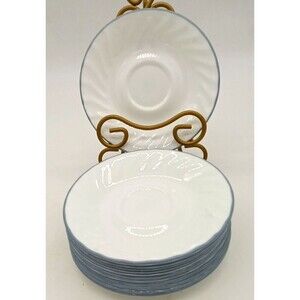Corelle Set Of 12 Pink Trio Saucers White Blue Trim Swirl Corning New